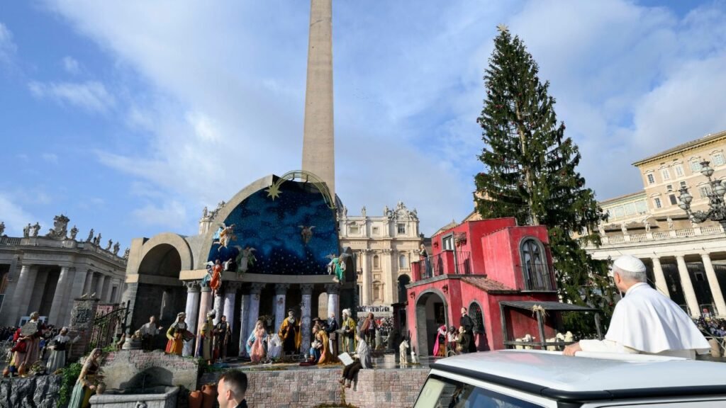 Pope Leo passes the Nativity Scene in his Popemobile during Wednesday's General Audience. Credit: Vatican Media