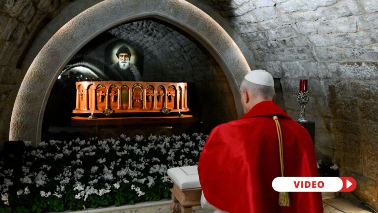 Pope Leo visits the tomb of Saint Charbel in Lebanon. Credit: Vatican Media