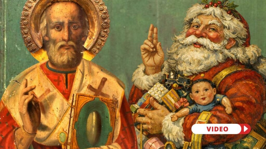 Left: Detail of Antique wooden Old Russian icon "St. Nicholas the Wonderworker," southwestern Russia. Early 19th century on an 18th-century panel. Credit: Public Domain. Right: Merry Old Santa Claus by Thomas Nast, conversion of style by AI. Credit: ChatGPT
