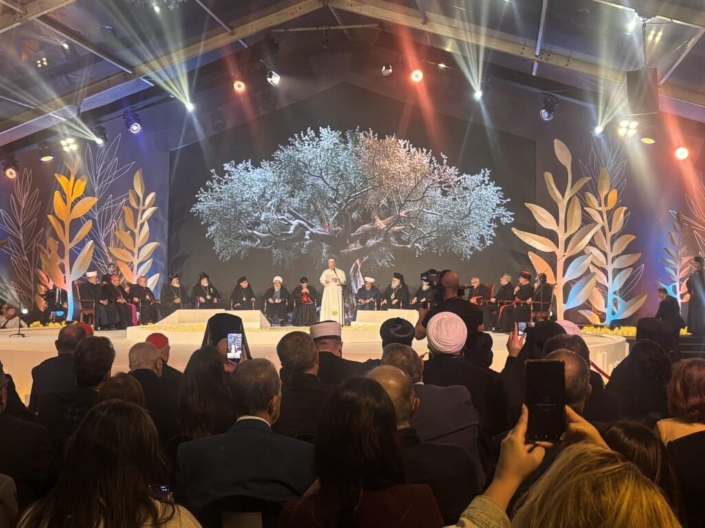 Pope Leo delivers his address to the Ecumenical and Interreligious Meeting on his second day in Lebanon. Credit: AIGAV pool