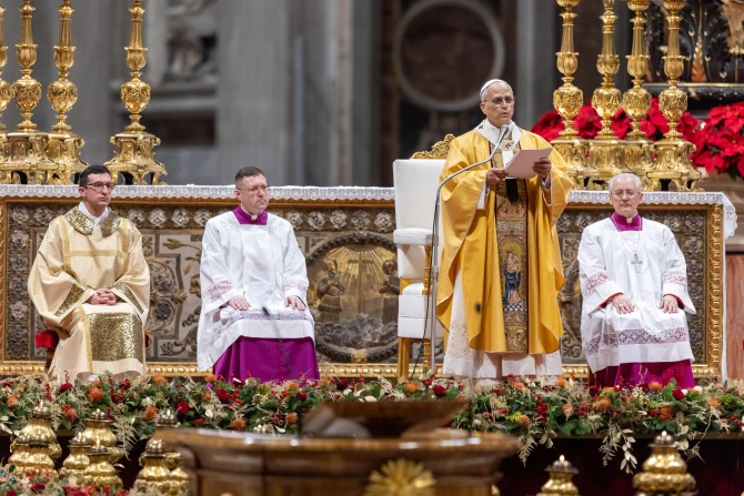 Pope Leo XIV celebrates Christmas Mass during the Night in a packed St. Peter's Basilica on Dec. 24, 2025. | Credit: Daniel Ibanez/EWTN News