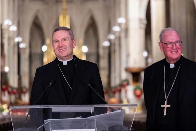 New York Archbishop-elect Ronald Hicks and Cardinal Timothy Dolan hold a press conference at St. Patrick’s Cathedral on Dec. 18, 2025, in New York City. | Credit: Adam Gray/Getty Images