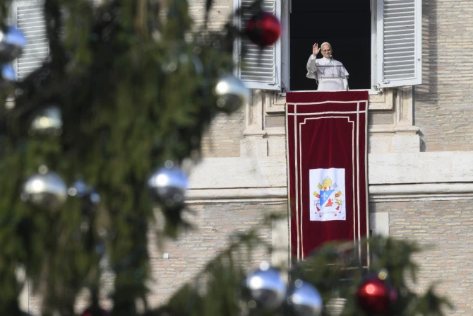 Pope Leo XIV greets pilgrims gathered in St. Peter’s Square at the Vatican for the recitation of the Angelus on Dec. 21, 2025. | Credit: Vatican Media