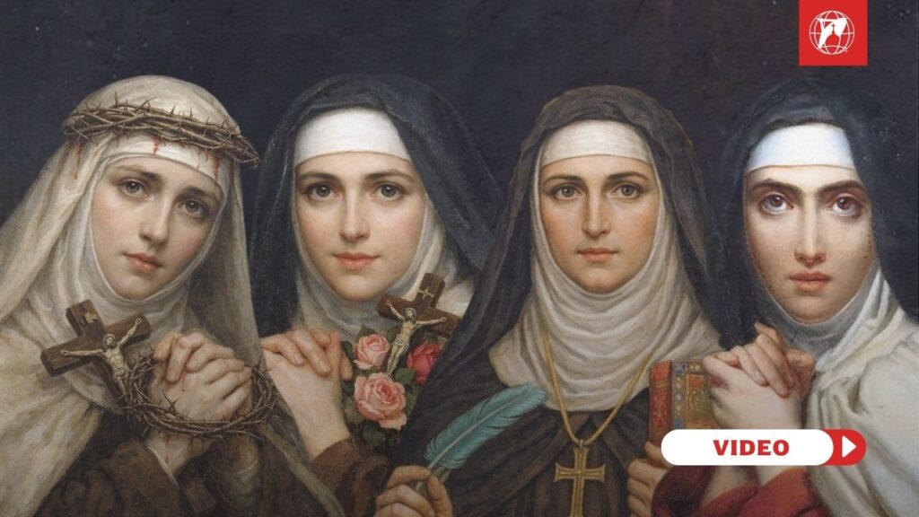 From left to right: Generated images (ChatGPT) of Sts. Catherine, Thérèse, and Hildegard inspired by François Gérard, “Teresa of Ávila” (detail, far right), 1827 (photo: Public Domain)