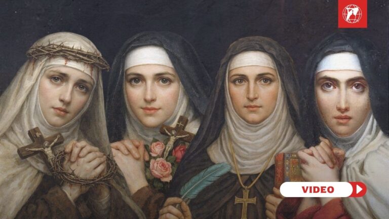 From left to right: Generated images (ChatGPT) of Sts. Catherine, Thérèse, and Hildegard inspired by François Gérard, “Teresa of Ávila” (detail, far right), 1827 (photo: Public Domain)