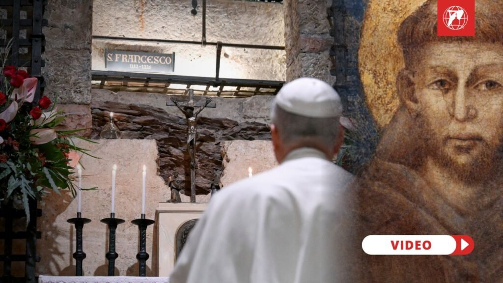 Pope Leo prays at the tomb of St. Francis in Assisi. Credit: Vatican Media. Giotto's portrait of St. Francis. Credit: Public domain.