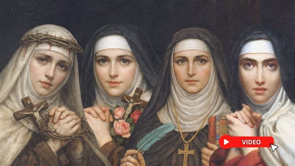 From left to right: Generated images (ChatGPT) of Sts. Catherine, Thérèse, and Hildegard inspired by François Gérard, “Teresa of Ávila” (detail, far right), 1827 (photo: Public Domain)