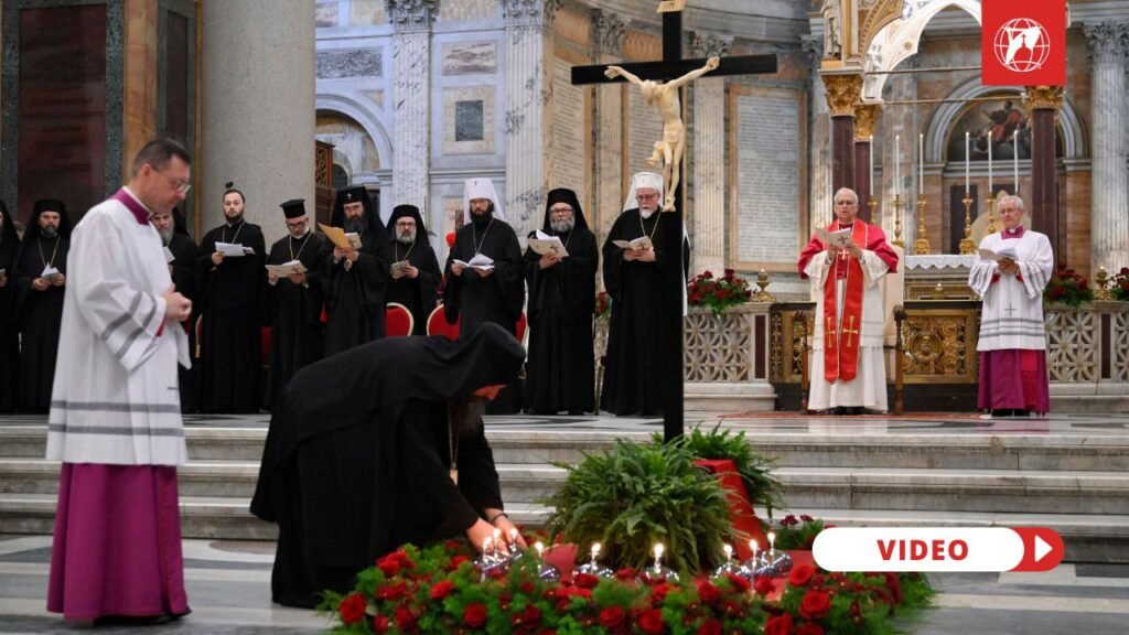 Pope Leo and leaders of Eastern Churches pray in the Basilica of St. Paul Outside the Walls during the Commemoration of the Martyrs and Witnesses of the Faith of the 21st Century. Credit: Vatican Media