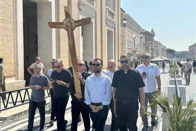 Seminarians approach the Holy Door at St. Peter’s Basilica on Tuesday, June 24, 2025. | Credit: Courtney Mares/CNA