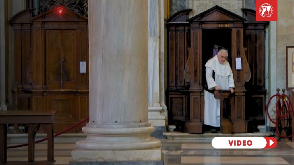 Priest stepping into the confessional at St. Mary Major in Rome. Credit: EWTN Vatican