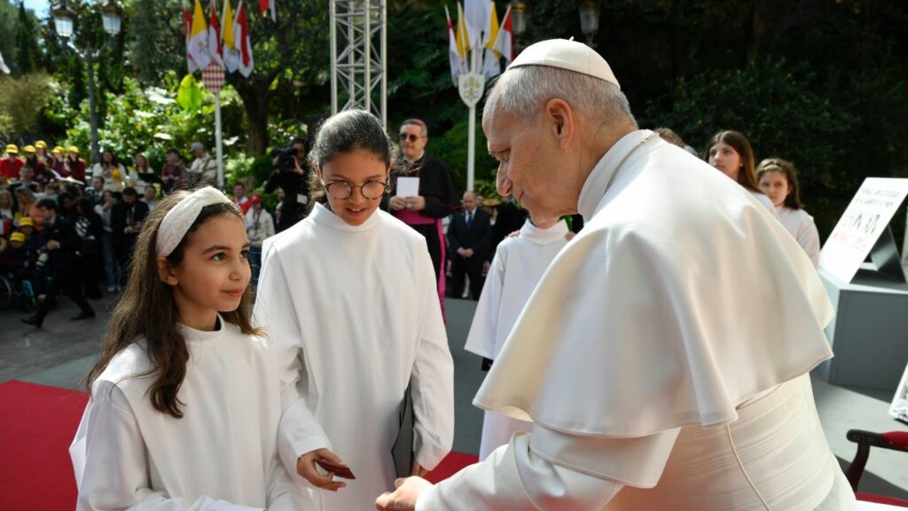 Pope Leo XIV greets youth during his visit to Monaco on Saturday, March 28, 2026 | Credit: Vatican Media