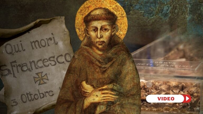 Bones of St. Francis and his portrait in the Lower Basilica of St. Francis of Assisi. Credit: EWTN Vatican