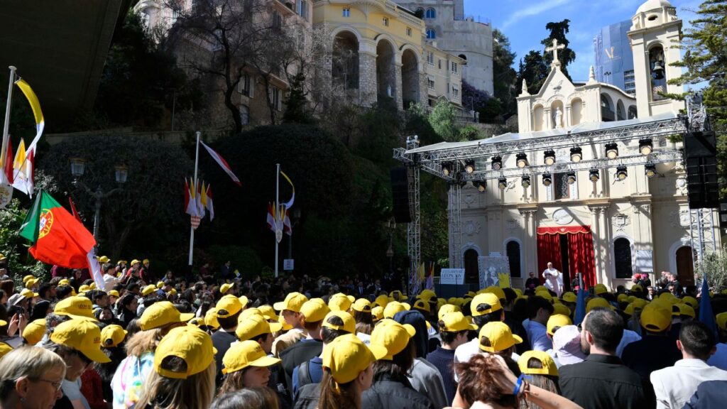 Pope Leo XIV meets with youth and catechumens in front of the Church of Sainte-Devote in Monte Carlo, Monaco, on Saturday, March 28, 2026 | Credit: Vatican Media