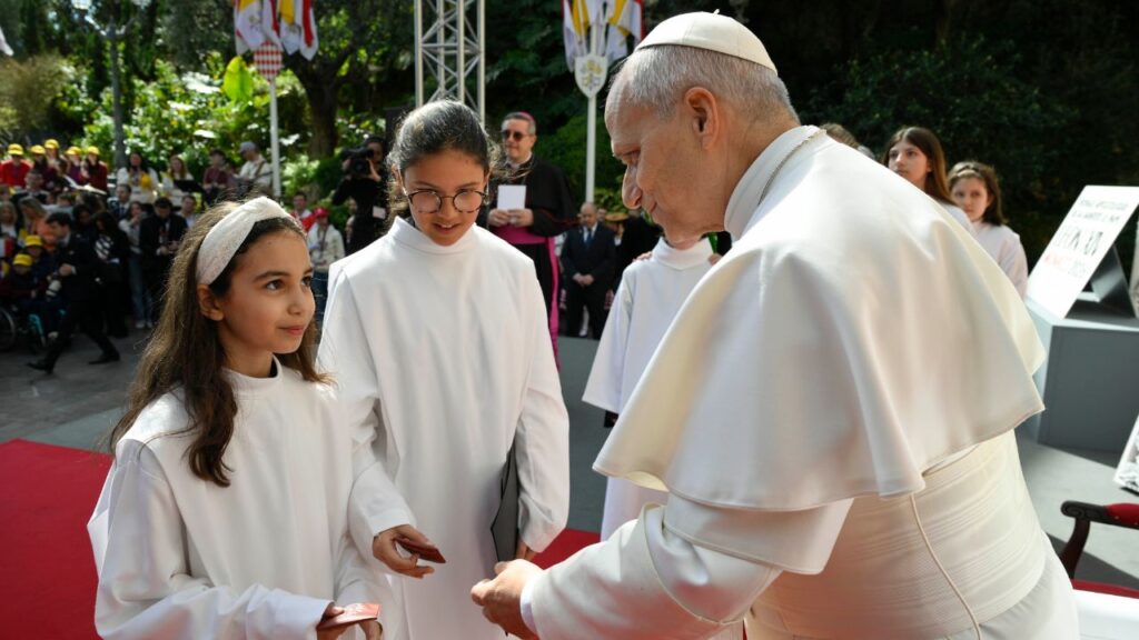 Pope Leo XIV meets with youth and catechumens in front of the Church of Sainte-Devote in Monte Carlo, Monaco, on Saturday, March 28, 2026. | Credit: Vatican Media