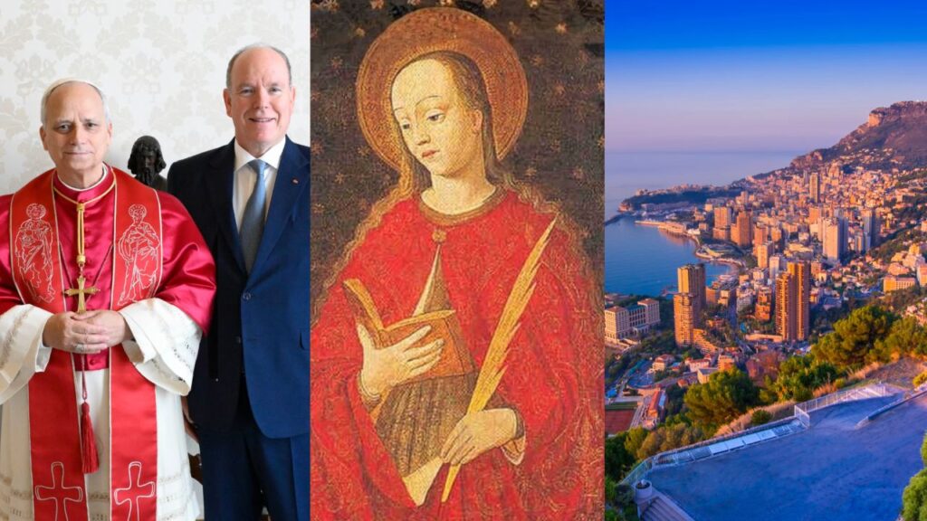 From left to right: Pope Leo XIV and Prince Albert II of Monaco; a painting of St. Devota; a picture of the principality of Monaco. | Credit: Vatican Media; St. Devota (public domain); Monaco. Design done in Canva