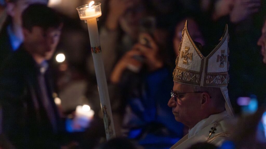 Pope Leo XIV presides over the Easter Vigil at St. Peter’s Basilica, Saturday, April 4, 2026. | Credit: Daniel Ibáñez/EWTN News