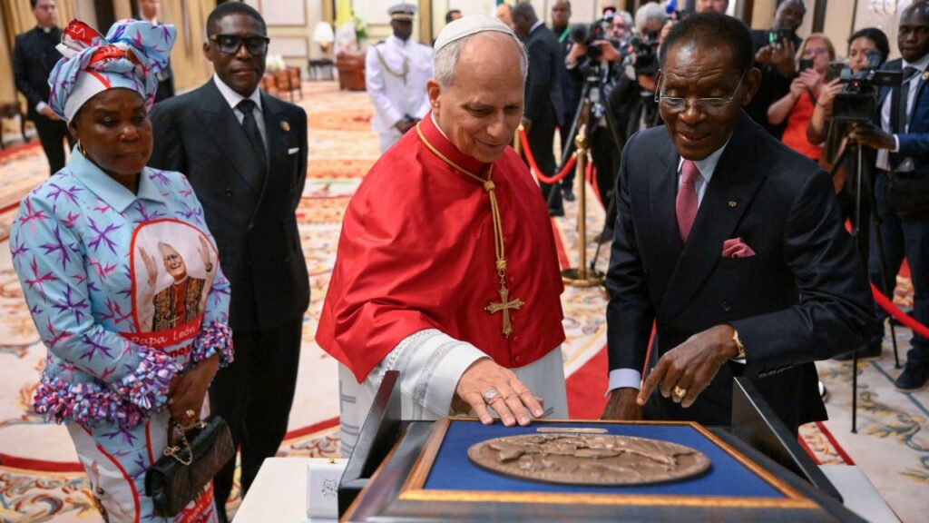 Pope Leo XIV meets with Equatorial Guinea President Teodoro Obiang Nguema Mbasogo at the presidential palace in Malabo on April 21, 2026. | Credit: Vatican Media