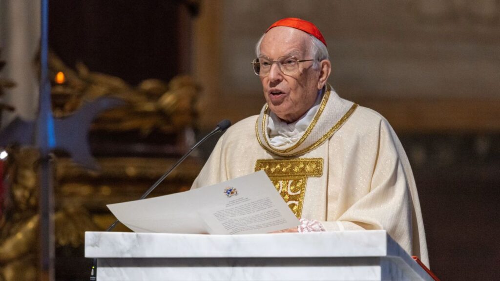 Cardinal Giovanni Battista Re, dean of the College of Cardinals, preaches at Mass for the first anniversary of the death of Pope Francis at the Basilica of St. Mary Major in Rome on April 21, 2026. | Credit: Daniel Ibanez/EWTN News