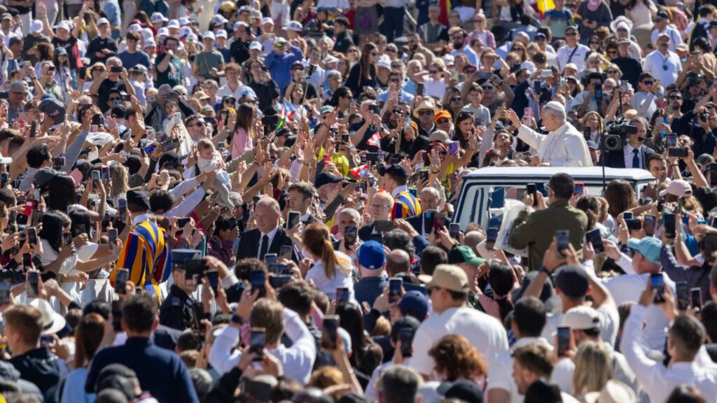Pope Leo XIV greets crowds of people from the popemobile during his weekly general audience in St. Peter’s Square on April 29, 2026. | Credit: Daniel Ibanez/EWTN News