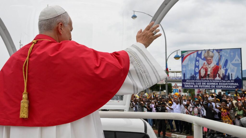 Pope Leo XIV waves to crowds after arriving in Equatorial Guinea on Tuesday, April 21, 2026. | Credit: Vatican Media