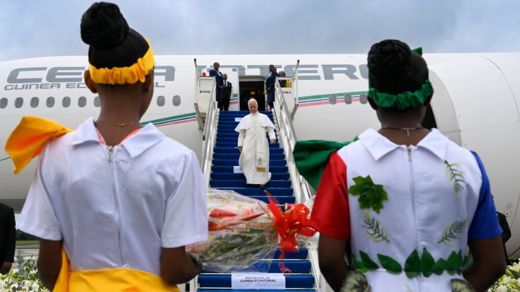 Pope Leo XIV is greeted upon his arrival at Mengomeyén, Equatorial Guinea, Wednesday, April 22, 2026. | Credit: Vatican Media