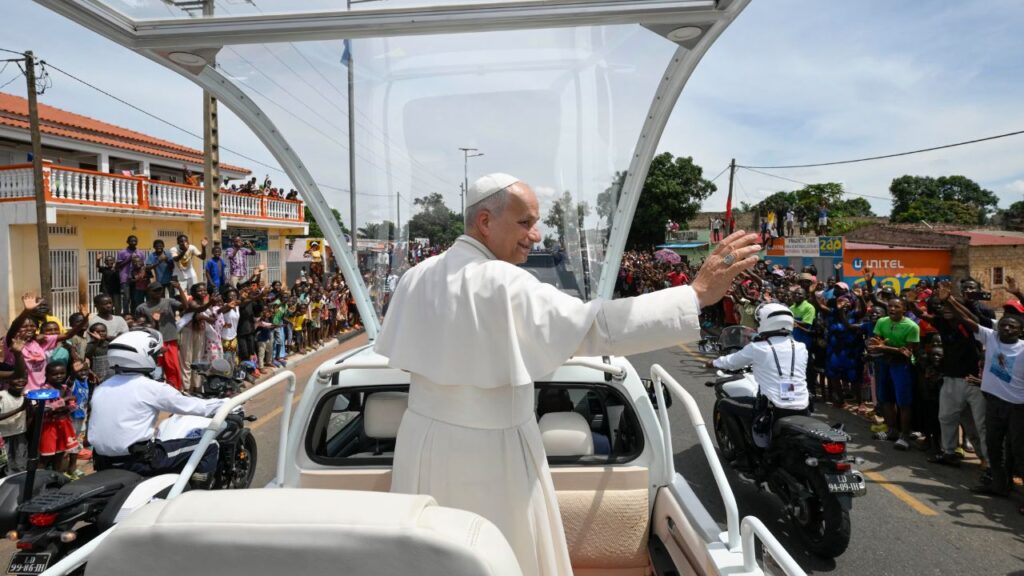 Pope Leo XIV waves to the crowds from the popemobile before celebrating Mass in Saurimo, Angola, on April 20, 2026. | Credit: Vatican Media