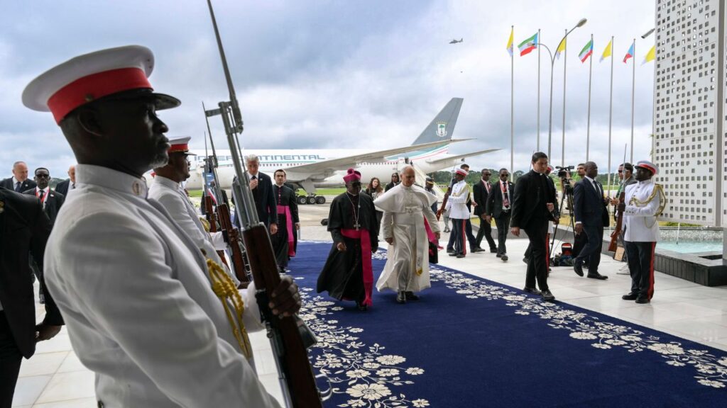 Pope Leo XIV is given a formal greeting upon his arrival at Mengomeyén, Equatorial Guinea, Wednesday, April 22, 2026. | Credit: Vatican Media