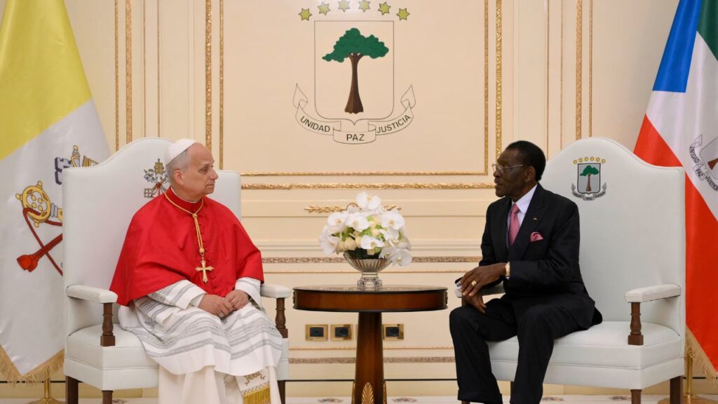Pope Leo XIV and Equatorial Guinea President Teodoro Obiang Nguema Mbasogo speak at the country’s presidential palace on Tuesday, April 21, 2026. | Credit: Vatican Media