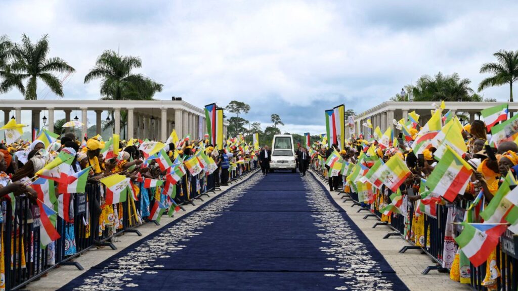 Pope Leo XIV is greeted by Catholics at the Basilica of the Immaculate Conception in Mengomeyén, Equatorial Guinea, Wednesday, April 22, 2026. | Credit: Vatican Media