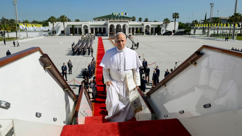 Pope Leo XIV boards the papal airplane at Houari Boumediene International Airport while departing Algeria, Wednesday, April 15, 2026. | Credit: Vatican Media