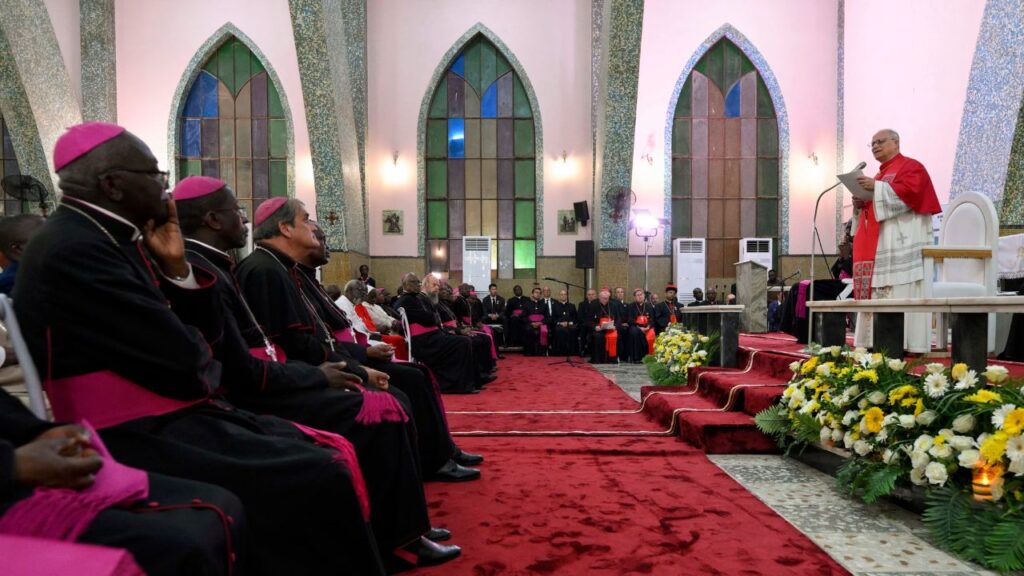 Pope Leo XIV addresses bishops, priests, consecrated men and women, catechists, and other pastoral workers at the Parish of Our Lady of Fátima in Luanda, Angola, on April 20, 2026. | Credit: Vatican Media
