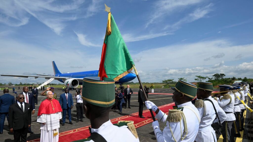 Pope Leo XIV is given a ceremonial greeting upon arriving at Yaoundé-Nsimalen International Airport near Yaoundé, Cameroon, Wednesday, April 15, 2026. | Credit: Vatican Media