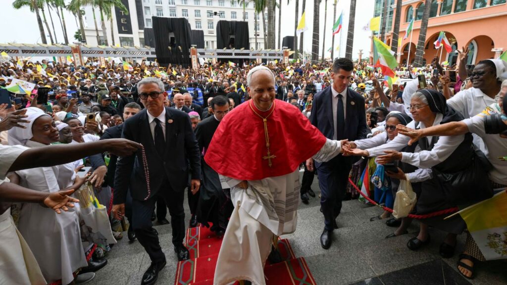 Pope Leo XIV greets crowds as he walks through Malabo in Equatorial Guinea on Tuesday, April 21, 2026. | Credit: Vatican Media