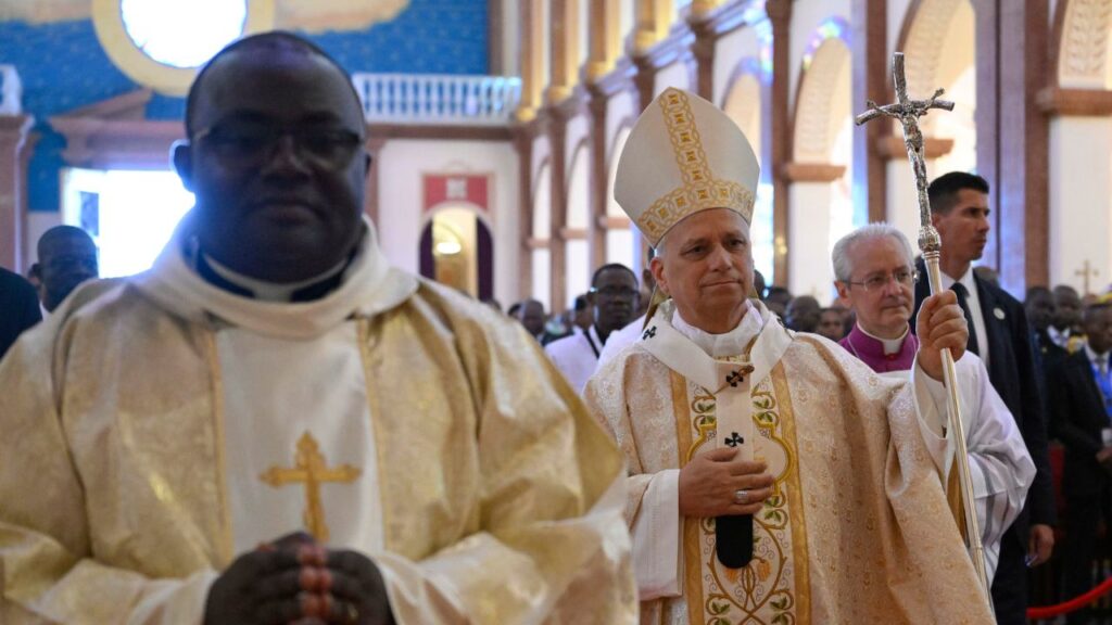 Pope Leo XIV processes during Mass at the Basilica of the Immaculate Conception in Mengomeyén, Equatorial Guinea, Wednesday, April 22, 2026. | Credit: Vatican Media