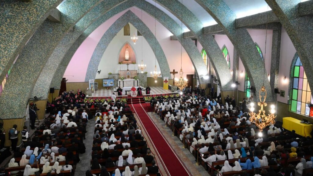 Pope Leo XIV addresses bishops, priests, consecrated men and women, catechists, and other pastoral workers at the Parish of Our Lady of Fátima in Luanda, Angola, on April 20, 2026. | Credit: Vatican Media