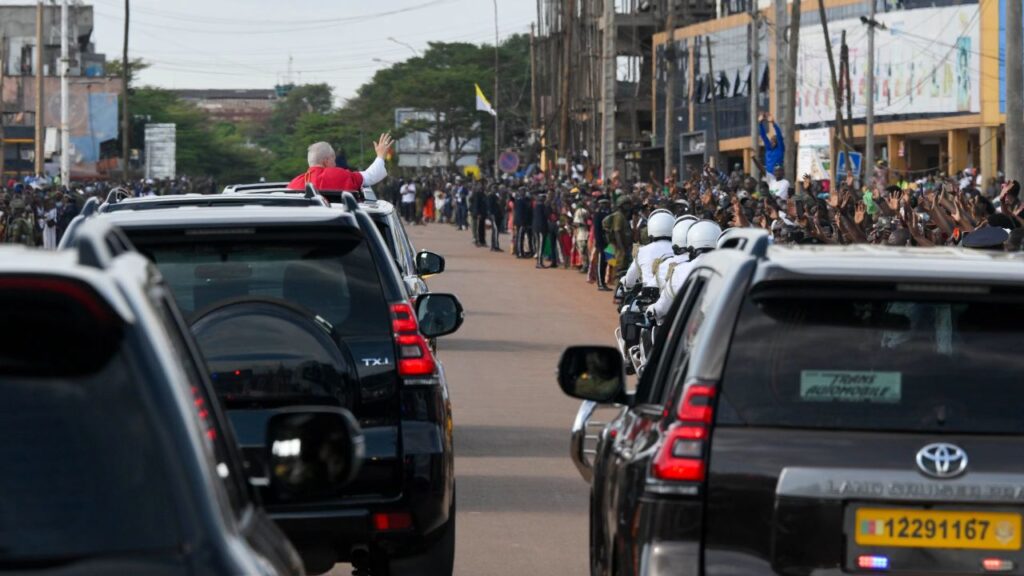 Pope Leo XIV greets crowds after landing at Yaoundé-Nsimalen International Airport in Cameroon, Wednesday, April 15, 2026. | Credit: Vatican Media