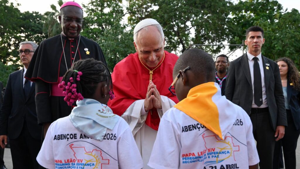 Pope Leo XIV greets young people outside of the Parish of Our Lady of Fátima in Luanda, Angola, on April 20, 2026. | Credit: Vatican Media