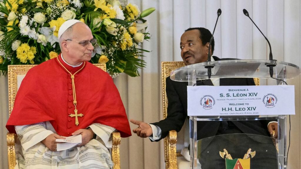 Pope Leo XIV meets with Cameroon President Paul Biya at the Presidential Palace in Yaounde on the third day of an 11-day apostolic journey to Africa, Wednesday, April 15, 2026. | Credit: Alberto PIZZOLI/AFP via Getty Images