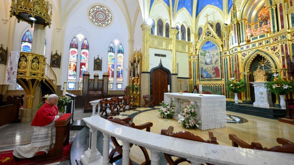 Pope Leo XIV prays at St. Elizabeth Cathedral in Malabo, Equatorial Guinea, on Tuesday, April 21, 2026. | Credit: Vatican Media