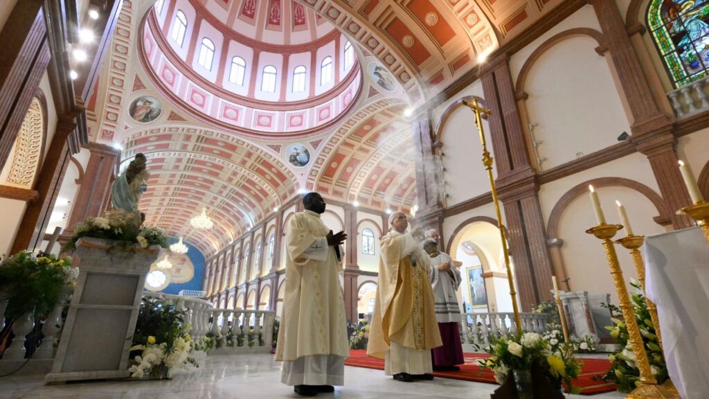 Pope Leo XIV incenses the altar during Mass at the Basilica of the Immaculate Conception in Mengomeyén, Equatorial Guinea, Wednesday, April 22, 2026. | Credit: Vatican Media
