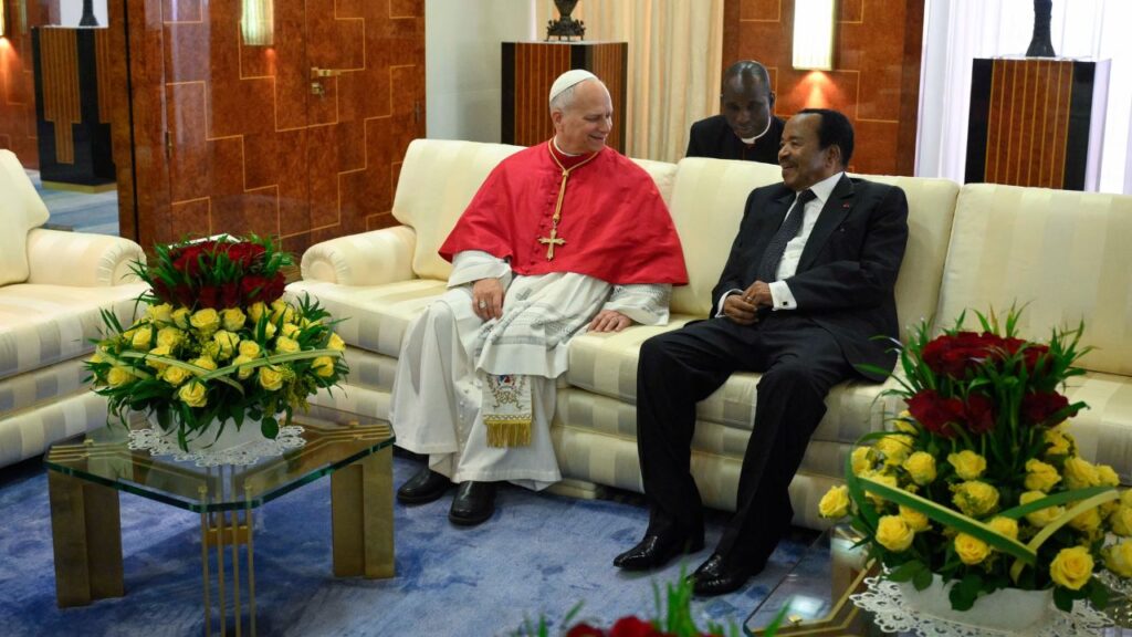 Pope Leo XIV speaks with Cameroon President Paul Biya at the Presidential Palace in Yaounde, Wednesday, April 15, 2026. | Credit: Vatican Media