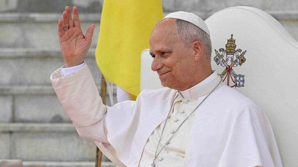 Pope Leo XIV waves to the crowd during a meeting with the World of Culture at the León XIV Campus of the National University, Malabo, Equatorial Guinea, on Tuesday, April 21, 2026. | Credit: Vatican Media