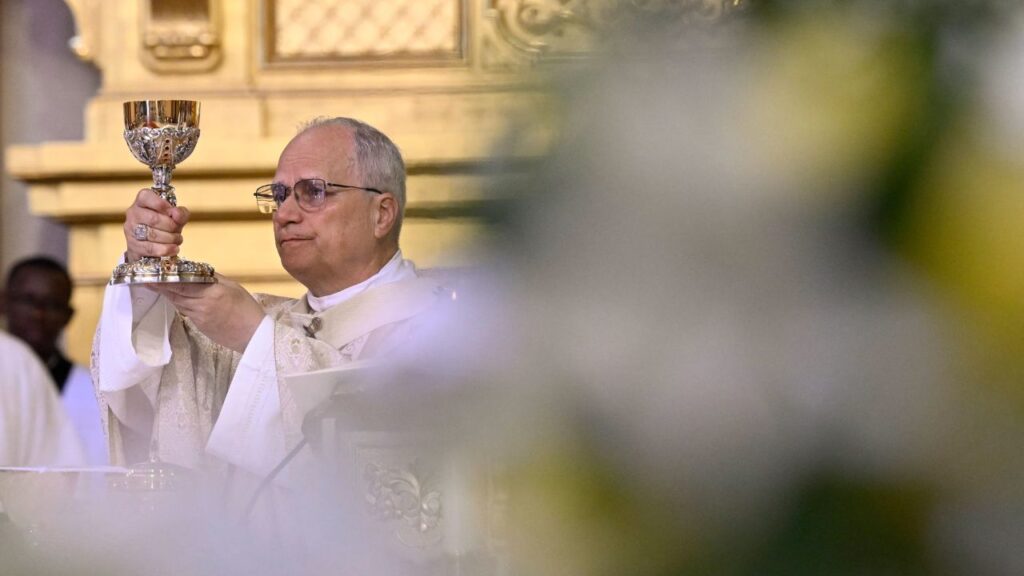 Pope Leo XIV elevates the chalice during Mass at the Basilica of the Immaculate Conception in Mengomeyén, Equatorial Guinea, Wednesday, April 22, 2026. | Credit: Vatican Media