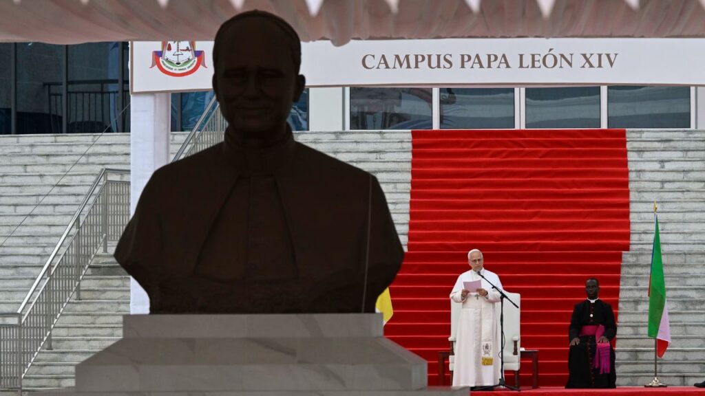 Pope Leo XIV speaks during a meeting with the World of Culture at the León XIV Campus of the National University in Malabo, Equatorial Guinea, on Tuesday, April 21, 2026. | Credit: Vatican Media