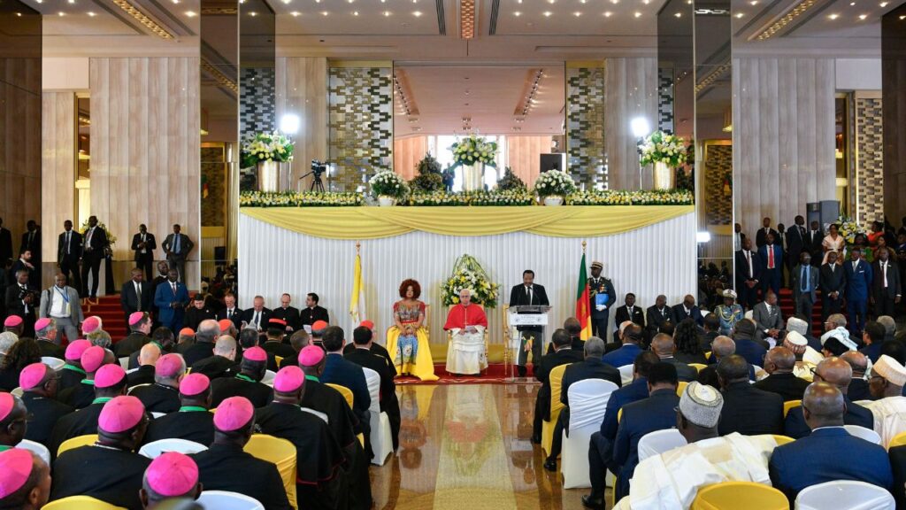 Pope Leo XIV meets with clergy and Cameroonian officials at the Presidential Palace in Yaoundé, Wednesday, April 15, 2026. | Credit: Vatican Media