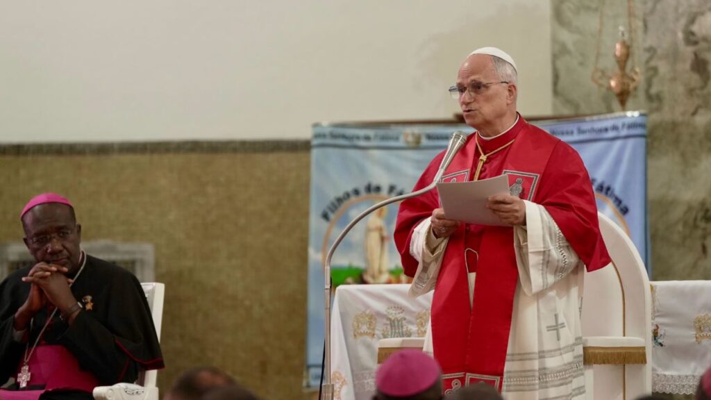 Pope Leo XIV addresses bishops, priests, religious, and catechists at the Parish of Our Lady of Fátima in Luanda, Angola, on April 20, 2026. | Credit: Patrick Leonard/EWTN News