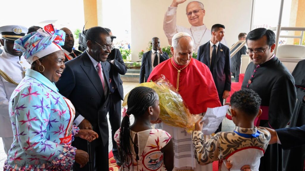 Pope Leo XIV receives gifts during his meeting with Equatorial Guinea President Teodoro Obiang Nguema Mbasogo at the presidential palace in Malabo on April 21, 2026. | Credit: Vatican Media