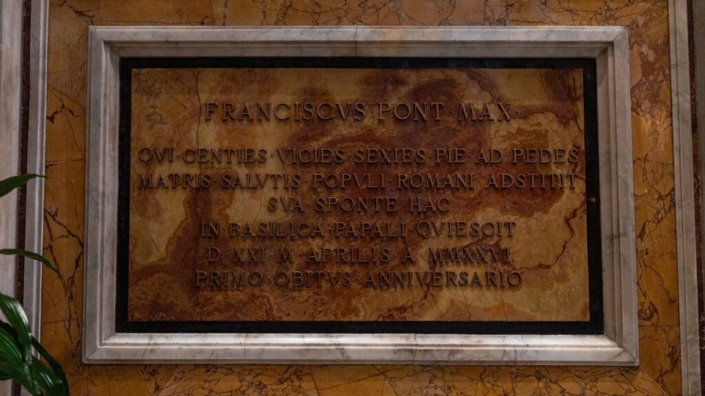 A special plaque commemorating the visits of Pope Francis to the Marian icon “Salus Populi Romani” is displayed at the Basilica of St. Mary Major in Rome on April 21, 2026. | Credit: Daniel Ibanez/EWTN News