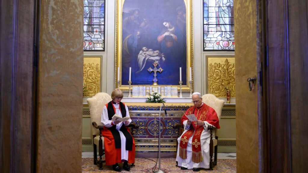 Pope Leo XIV and Archbishop of Canterbury Sarah Mullally pray the Liturgy of the Hours together in the Urban VIII Chapel of the Apostolic Palace on April 27, 2026. | Credit: Vatican Media