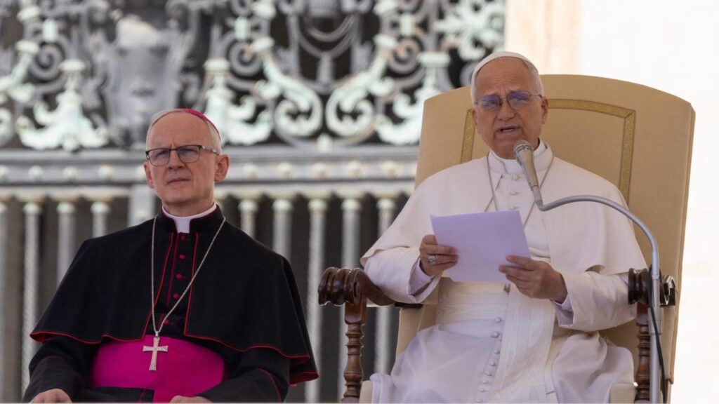 Pope Leo XIV delivers remarks during his weekly general audience in St. Peter’s Square on April 29, 2026. | Credit: Daniel Ibanez/EWTN News